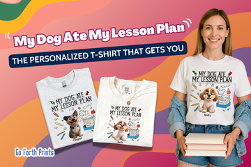 "Personalized 'My Dog Ate My Lesson Plan' t-shirt banner featuring cartoon dog designs, teacher-themed graphics, and a smiling woman holding books – perfect gift idea for dog lovers and educators."