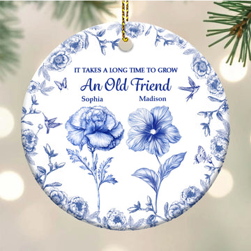 It Takes A Long Time To Grow An Old Friend Toile De Jouy Birth Flower - Personalized Circle Ceramic Ornament