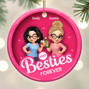 Besties Forever, Besties Pink - Personalized Circle Ceramic Ornament