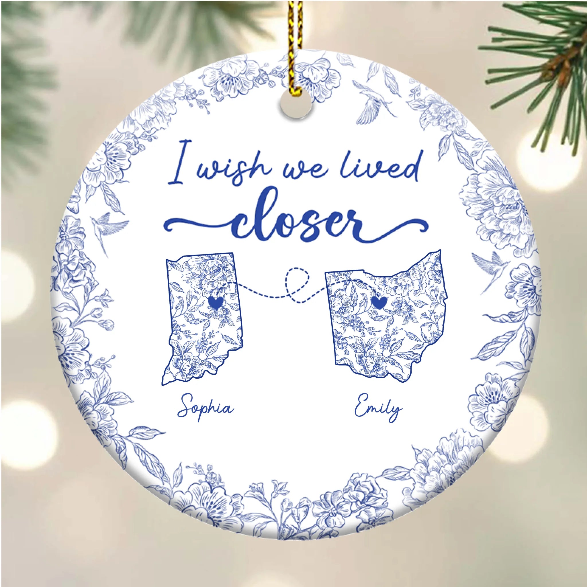 I Wish We Lived Closer Toile De Jouy - Personalized Circle Ceramic Ornament
