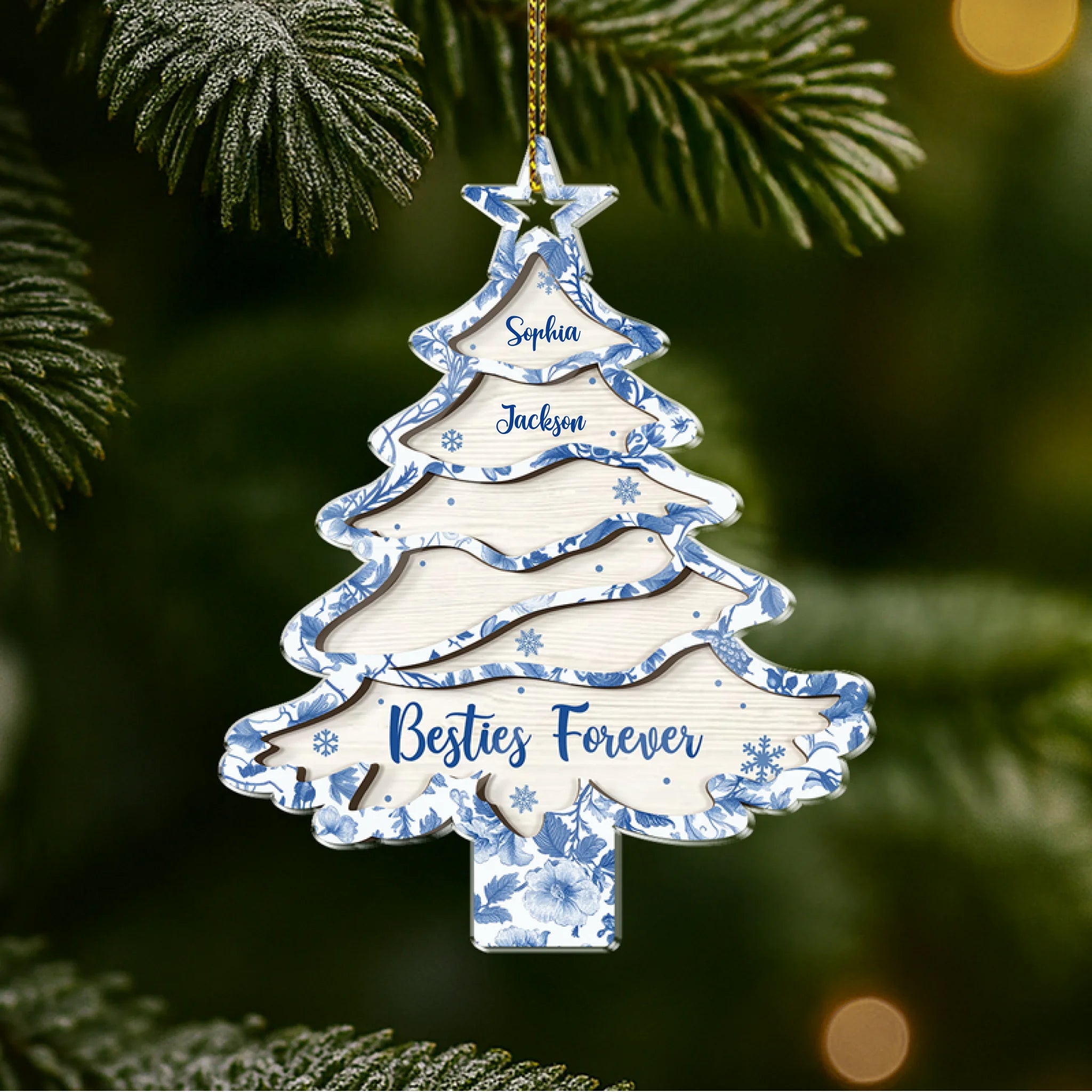 Besties Forever Christmas Tree Toile De Jouy - Personalized Acrylic Ornament