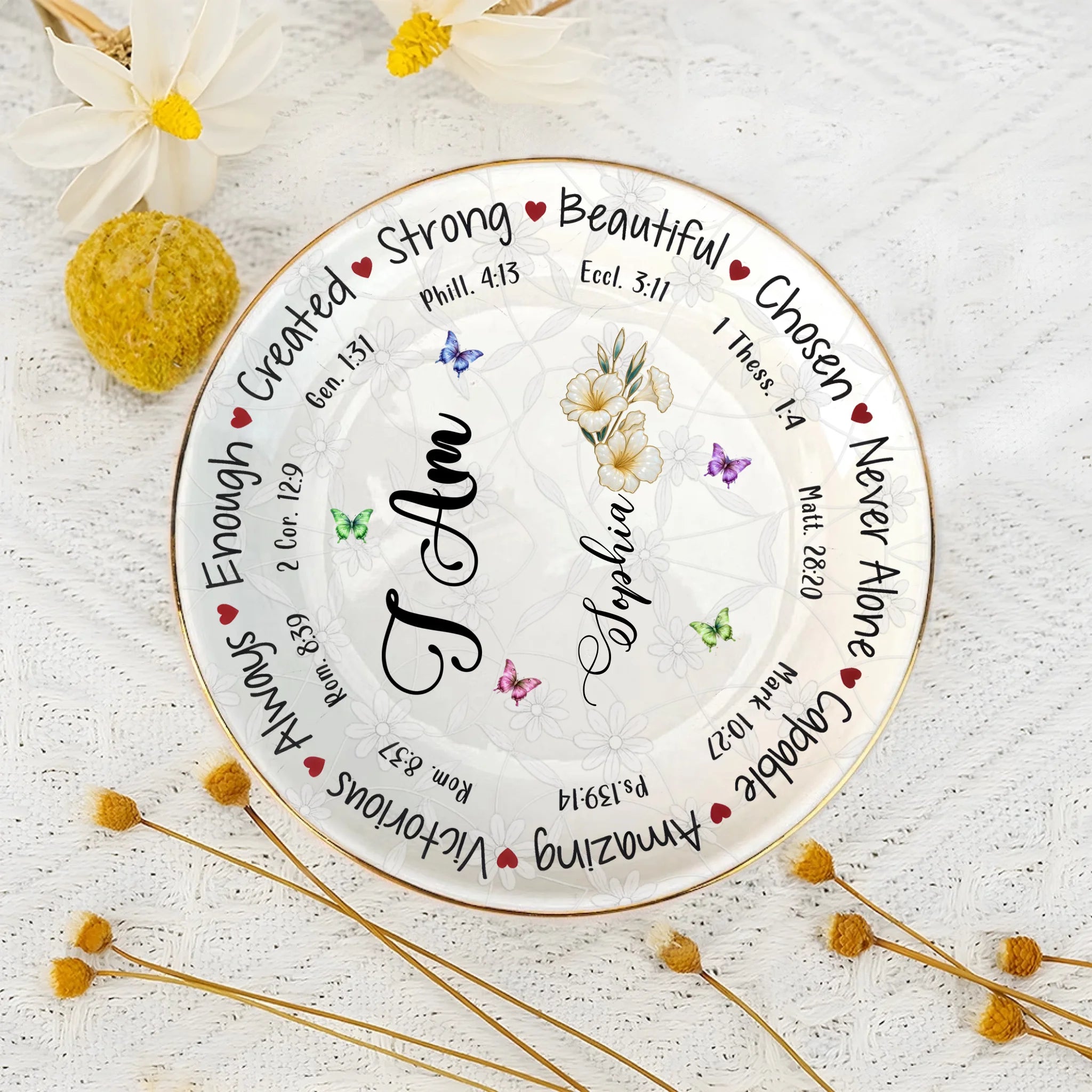 God Says I Am Name Letter In Bible Birthday Flowers - Personalized Ceramic Jewelry Dish