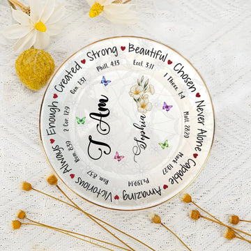 God Says I Am Name Letter In Bible Birthday Flowers - Personalized Ceramic Jewelry Dish