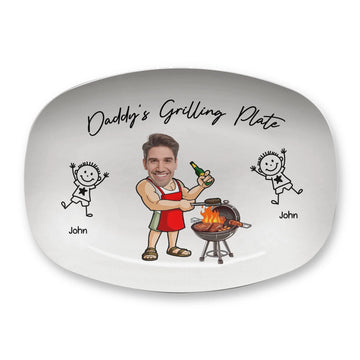 Custom Dad Grilling Plate With Photo Faces - Personalized Plate