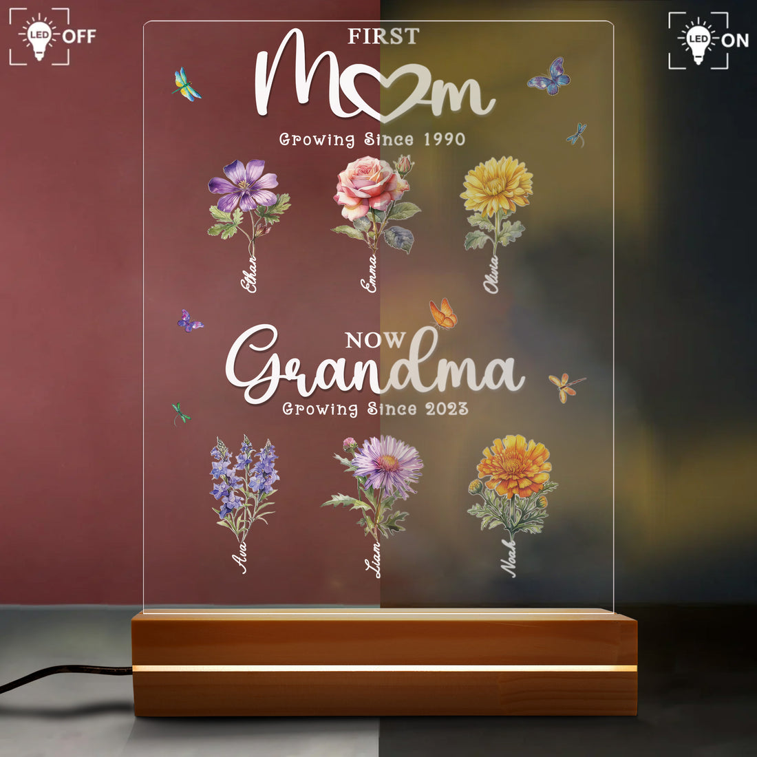First Mom  Now Grandma Custom Birth Flower - Personalized Acrylic Night Light