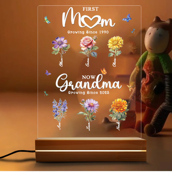 First Mom  Now Grandma Custom Birth Flower - Personalized Acrylic Night Light