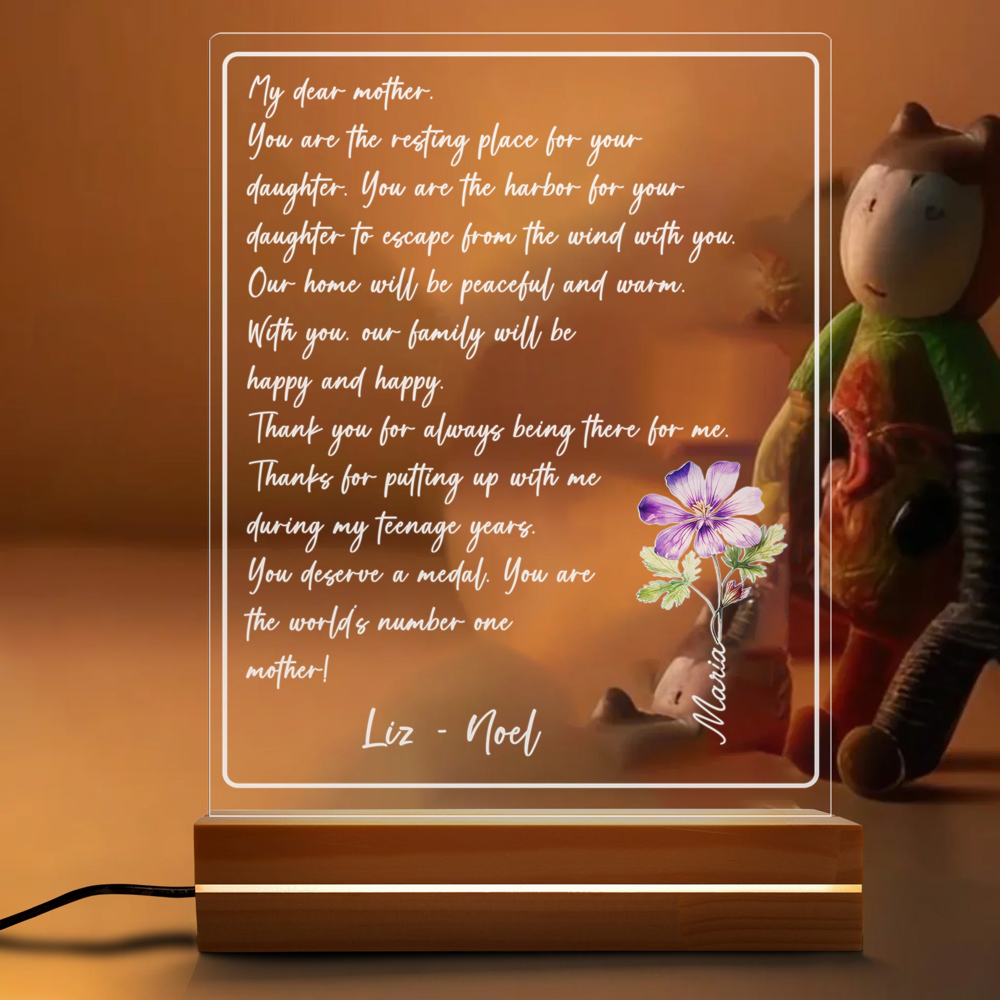 My Dear Mother Custom Birth Flower - Personalized Acrylic Night Light, Mother's Day Gift