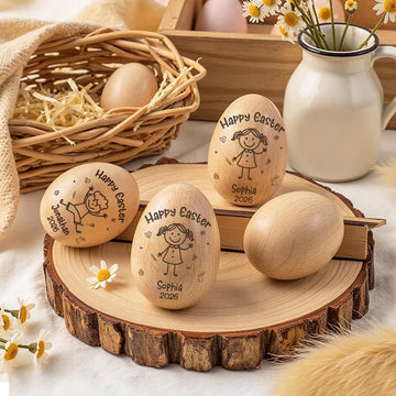 Happy Easter Kids Stick Figure - Personalized Musical Wooden Easter Egg Shaker